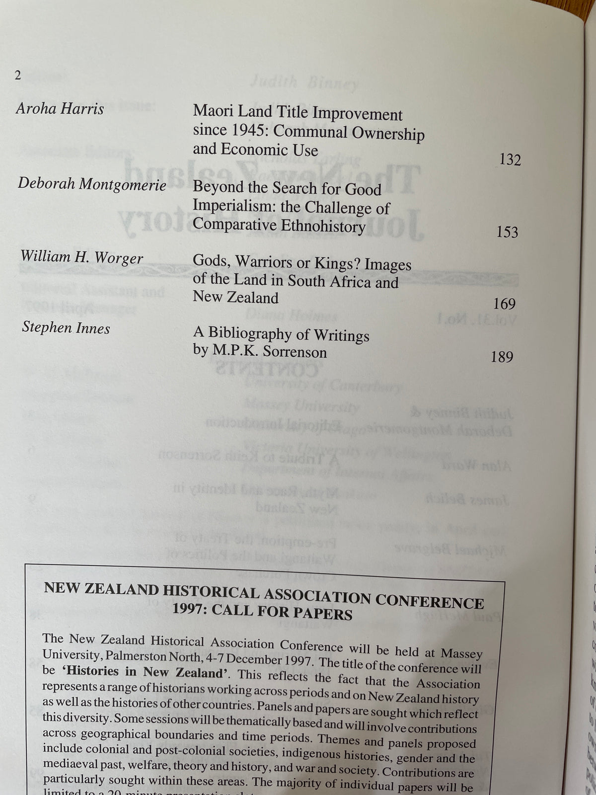 Koha - essays in honour of M.P.K. Sorrenson - NZ Journal of History, 31, 1 (1997) - J Binney and D Montgomerie (Eds)